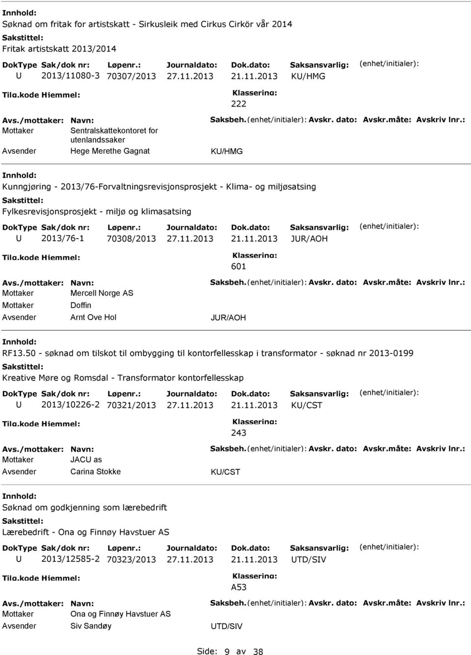 : Mottaker Sentralskattekontoret for utenlandssaker Hege Merethe Gagnat K/HMG Kunngjøring - 2013/76-Forvaltningsrevisjonsprosjekt - Klima- og miljøsatsing Fylkesrevisjonsprosjekt - miljø og