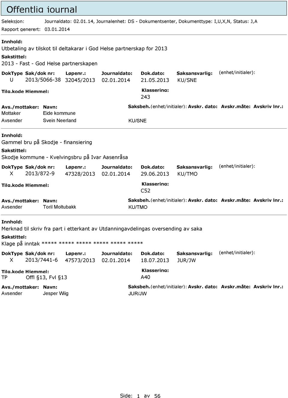 : Mottaker ide kommune Svein Neerland K/SN Gammel bru på Skodje - finansiering Skodje kommune - Kvelvingsbru på var Aasenråsa X 2013/872-9 47328/2013 29.06.2013 K/TMO C52 Avs./mottaker: Navn: Saksbeh.