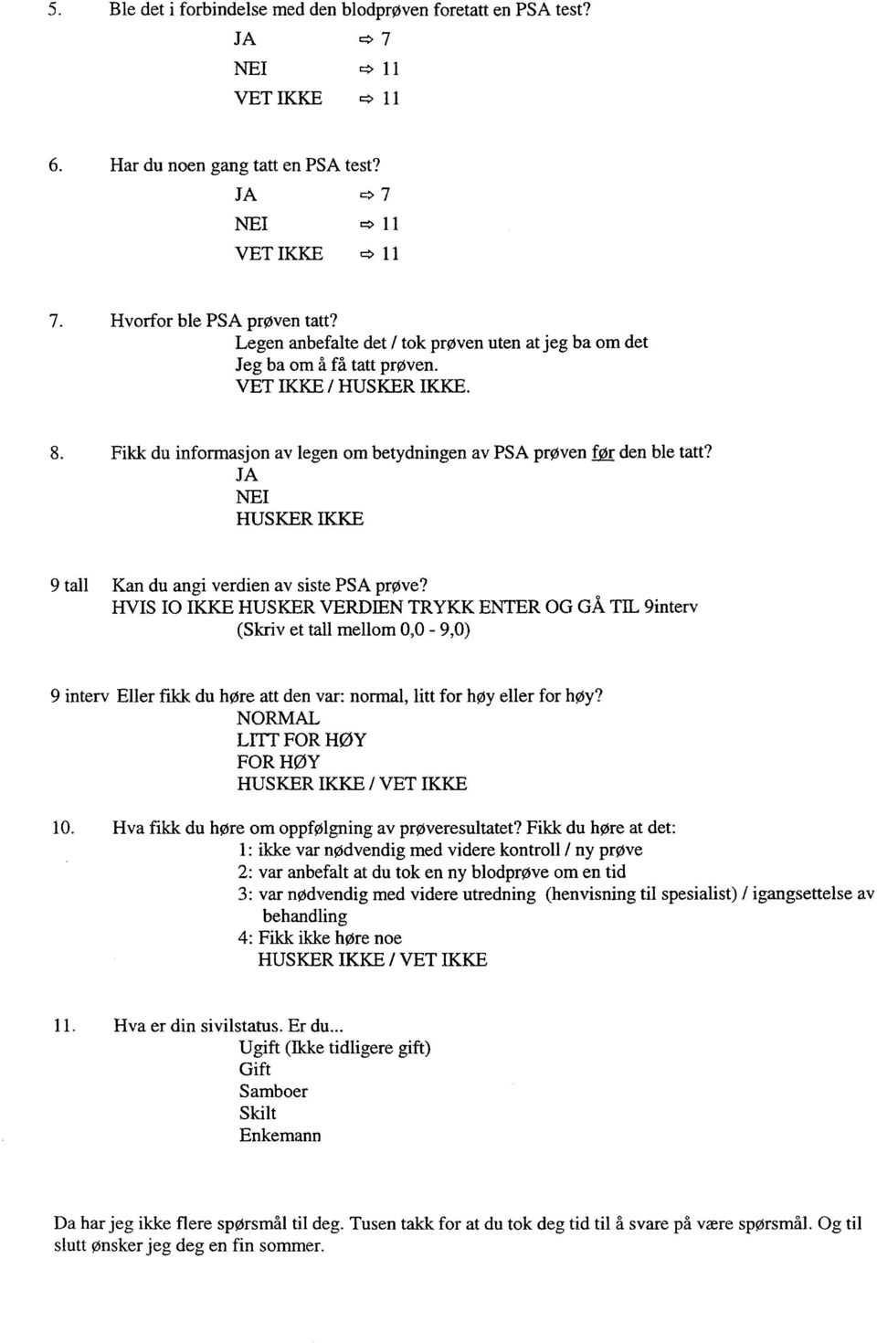 Fikk du informasjon av legen om betydningen av PSA prøven for den ble tatt? JA NEI HUSKER IKKE 9 tall Kan du angi verdien av siste PSA prove?