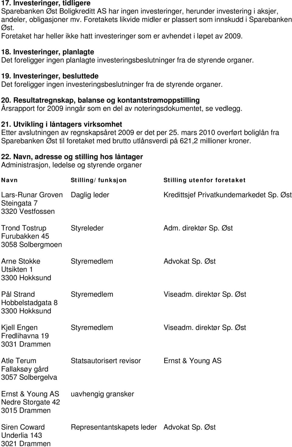 Investeringer, planlagte Det foreligger ingen planlagte investeringsbeslutninger fra de styrende organer. 19.