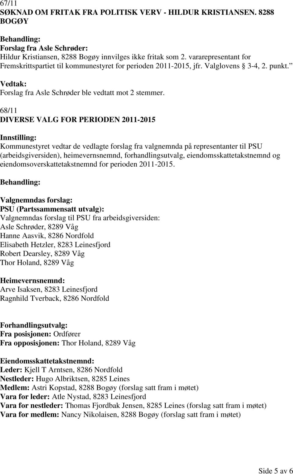 68/11 DIVERSE VALG FOR PERIODEN 2011-2015 Innstilling: Kommunestyret vedtar de vedlagte forslag fra valgnemnda på representanter til PSU (arbeidsgiversiden), heimevernsnemnd, forhandlingsutvalg,