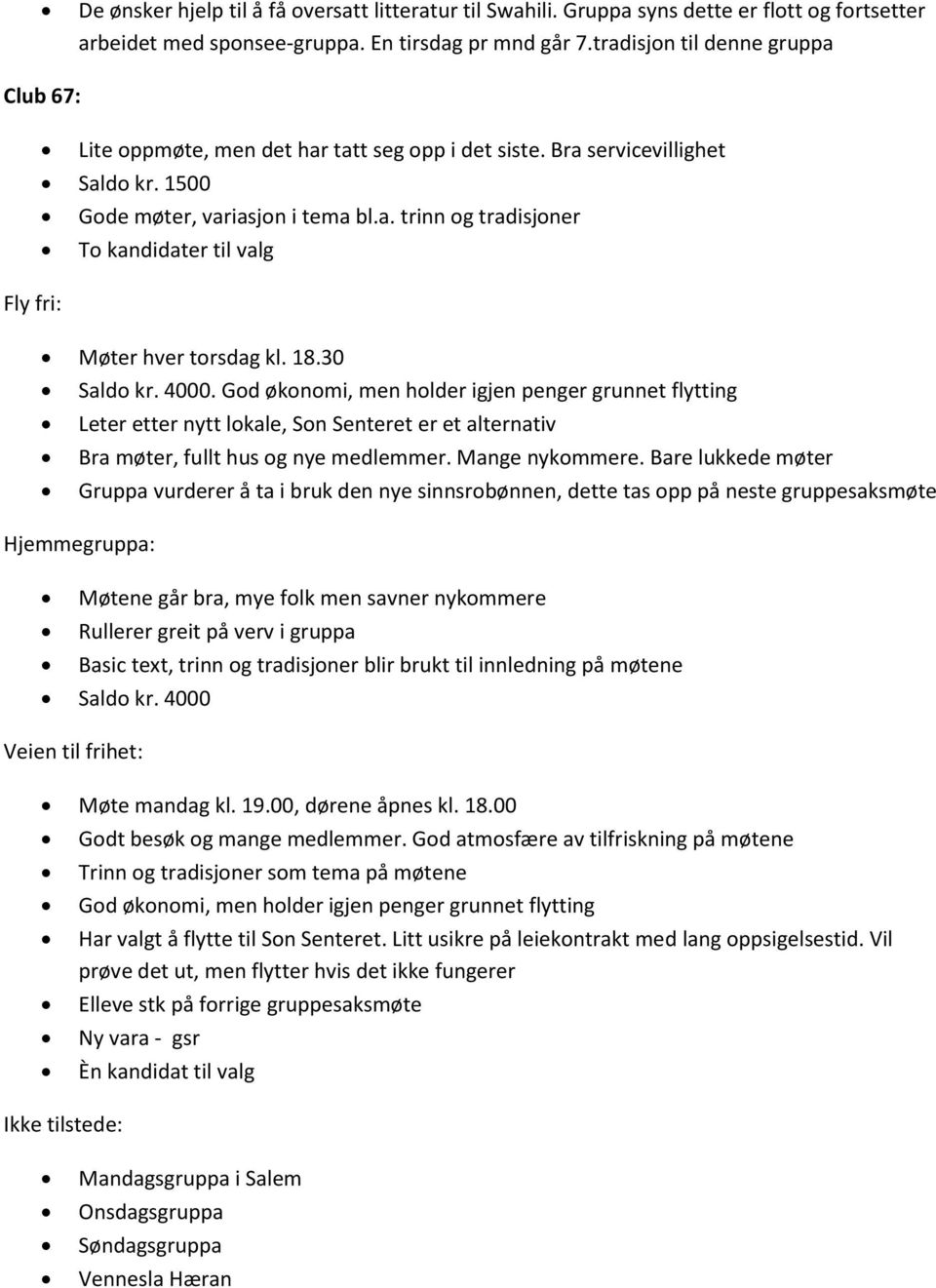 18.30 Saldo kr. 4000. God økonomi, men holder igjen penger grunnet flytting Leter etter nytt lokale, Son Senteret er et alternativ Bra møter, fullt hus og nye medlemmer. Mange nykommere.