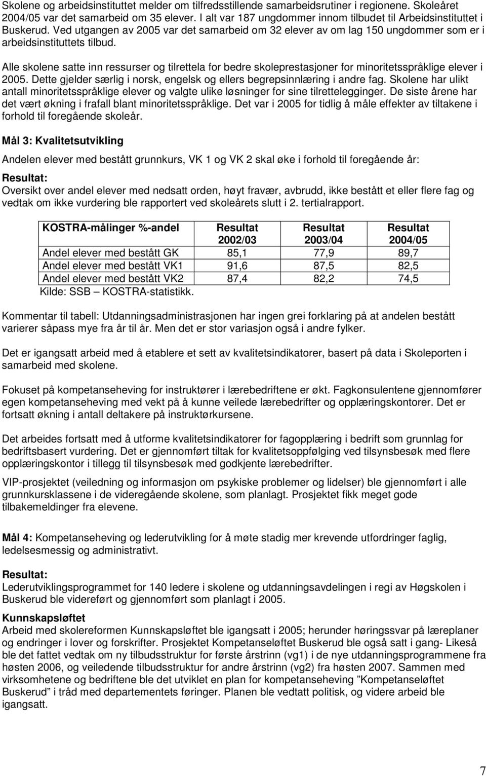 Alle skolene satte inn ressurser og tilrettela for bedre skoleprestasjoner for minoritetsspråklige elever i 2005. Dette gjelder særlig i norsk, engelsk og ellers begrepsinnlæring i andre fag.