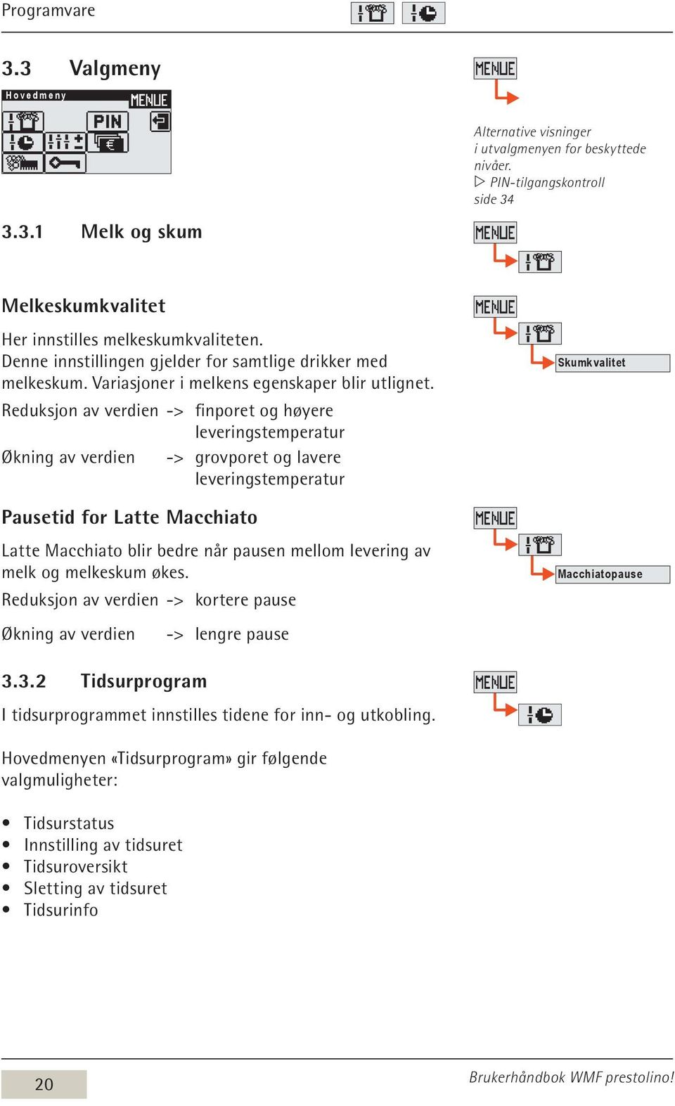 Reduksjon av verdien -> finporet og høyere leveringstemperatur Økning av verdien -> grovporet og lavere leveringstemperatur Pausetid for Latte Macchiato Latte Macchiato blir bedre når pausen mellom