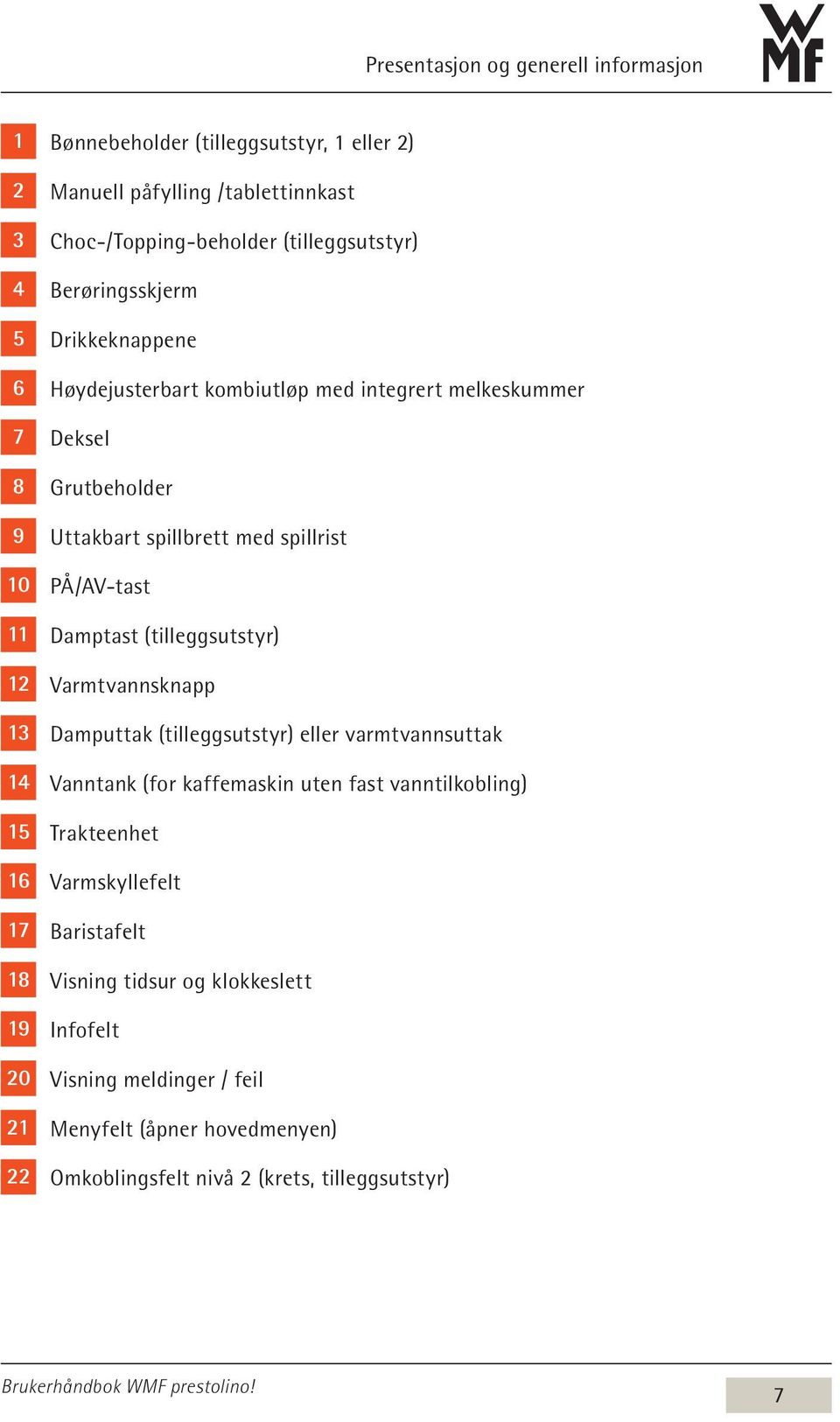 Damptast (tilleggsutstyr) 12 Varmtvannsknapp 13 Damputtak (tilleggsutstyr) eller varmtvannsuttak 14 Vanntank (for kaffemaskin uten fast vanntilkobling) 15 Trakteenhet 16