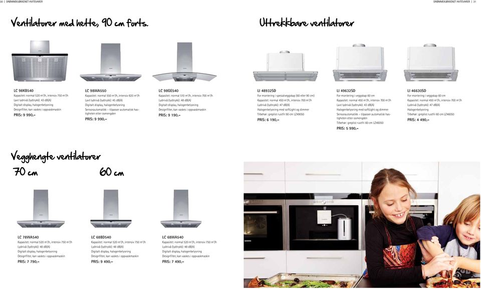 PRIS: 9 990, LC 98WA550 Kapasitet: normal 550 m 3 /h, intensiv 820 m 3 /h Lavt lydnivå (lydtrykk): 45 db(a) Digitalt display, halogenbelysning Sensorautomatikk tilpasser automatisk hastigheten etter