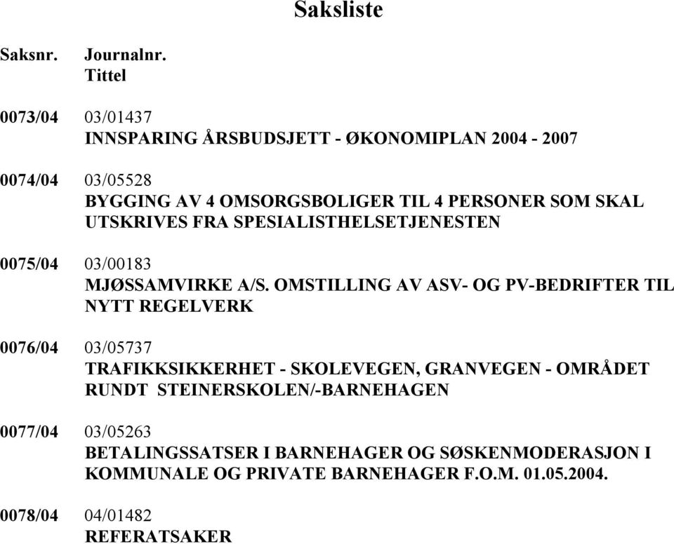 SKAL UTSKRIVES FRA SPESIALISTHELSETJENESTEN 0075/04 03/00183 MJØSSAMVIRKE A/S.