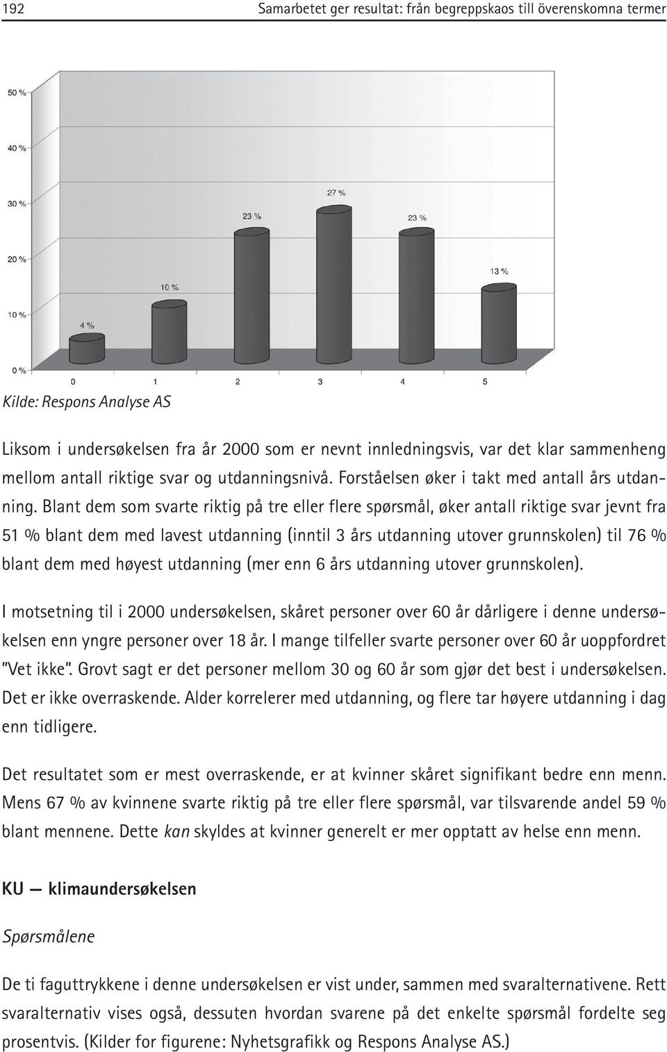 Blant dem som svarte riktig på tre eller flere spørsmål, øker antall riktige svar jevnt fra 51 % blant dem med lavest utdanning (inntil 3 års utdanning utover grunnskolen) til 76 % blant dem med