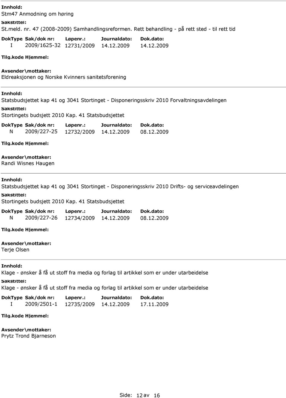 32/2009 08.12.2009 Randi Wisnes Haugen Statsbudsjettet kap 41 og 3041 Stortinget - Disponeringsskriv 2010 Drifts- og serviceavdelingen Stortingets budsjett 2010 Kap.