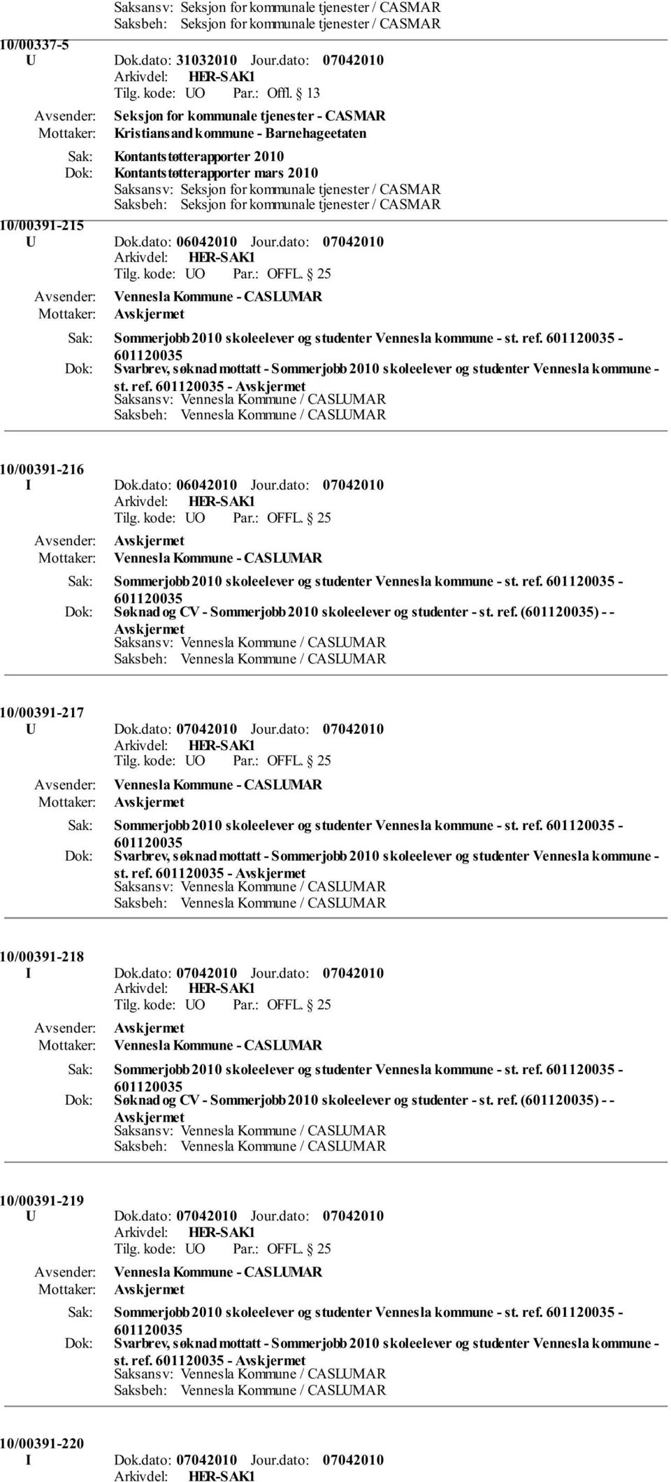 Saksbeh: Seksjon for kommunale tjenester / CASMAR 10/00391-215 U Dok.dato: 06042010 Jour.dato: Sommerjobb 2010 skoleelever og studenter Vennesla kommune - st. ref.