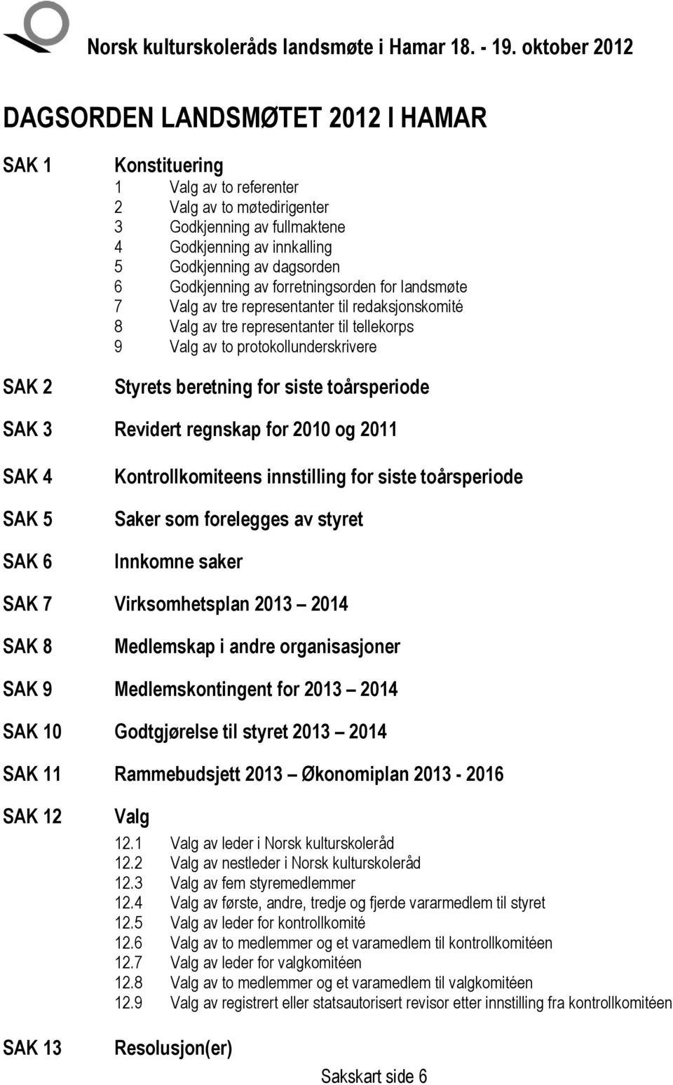 siste toårsperiode SAK 3 Revidert regnskap for 2010 og 2011 SAK 4 SAK 5 SAK 6 Kontrollkomiteens innstilling for siste toårsperiode Saker som forelegges av styret Innkomne saker SAK 7 Virksomhetsplan