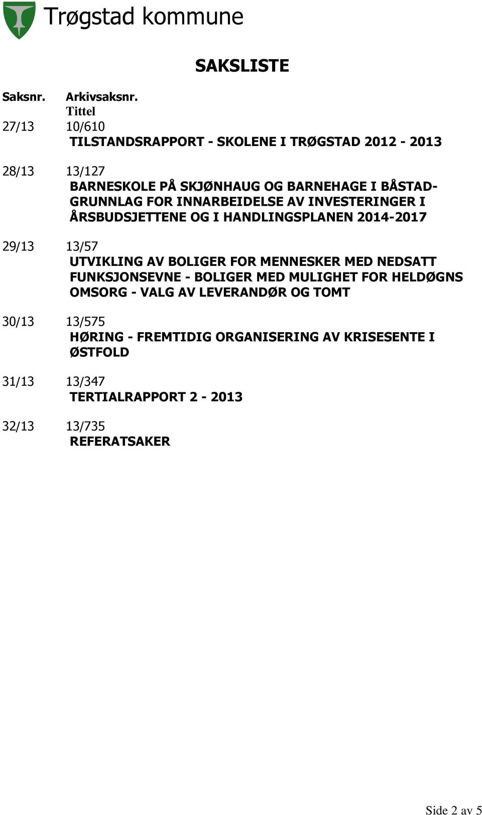 GRUNNLAG FOR INNARBEIDELSE AV INVESTERINGER I ÅRSBUDSJETTENE OG I HANDLINGSPLANEN 2014-2017 29/13 13/57 UTVIKLING AV BOLIGER FOR