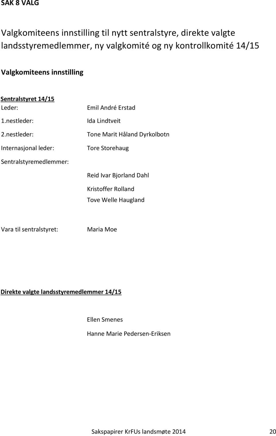 nestleder: Internasjonal leder: Emil André Erstad Ida Lindtveit Tone Marit Håland Dyrkolbotn Tore Storehaug Sentralstyremedlemmer: Reid