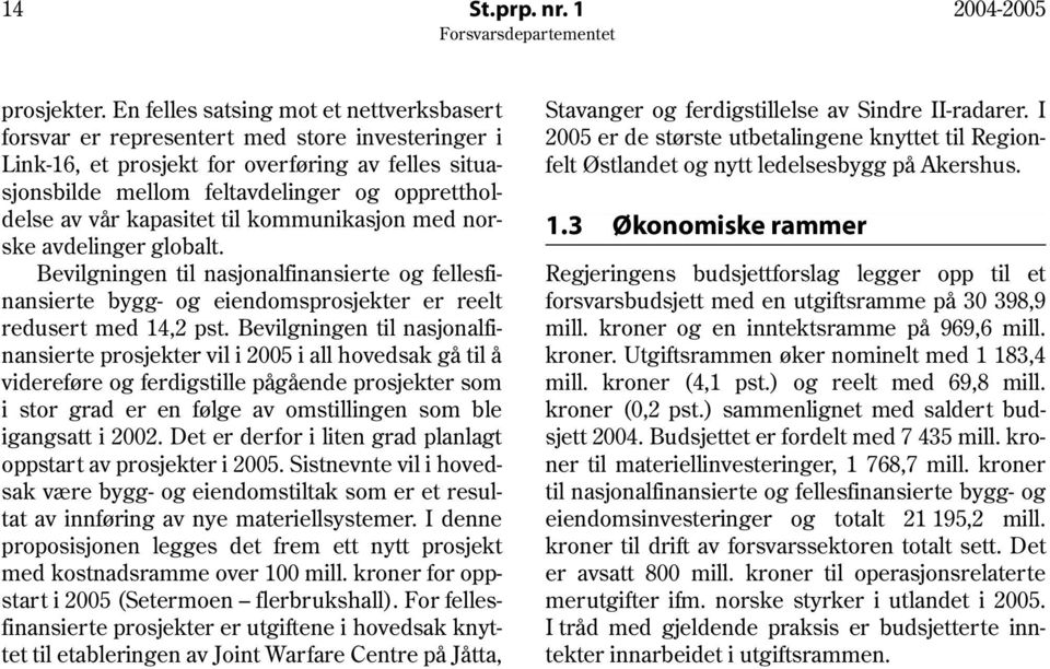 vår kapasitet til kommunikasjon med norske avdelinger globalt. Bevilgningen til nasjonalfinansierte og fellesfinansierte bygg- og eiendomsprosjekter er reelt redusert med 14,2 pst.