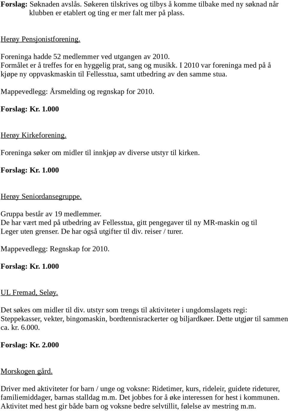 I 2010 var foreninga med på å kjøpe ny oppvaskmaskin til Fellesstua, samt utbedring av den samme stua. Mappevedlegg: Årsmelding og regnskap for 2010. Herøy Kirkeforening.