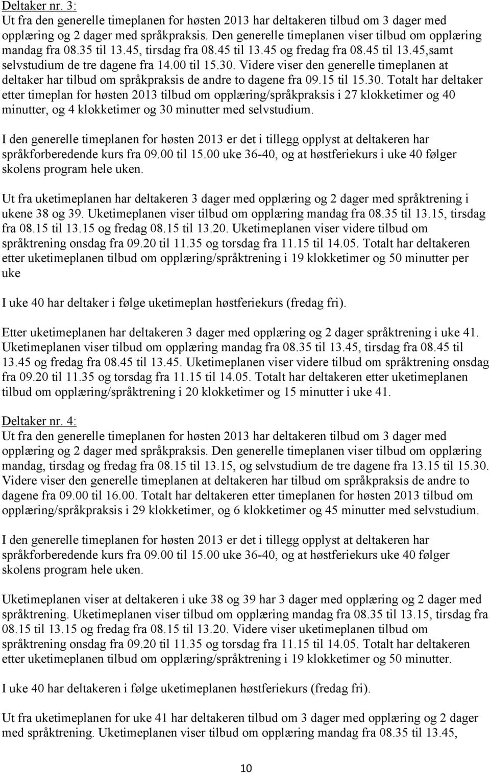 Videre viser den generelle timeplanen at deltaker har tilbud om språkpraksis de andre to dagene fra 09.15 til 15.30.