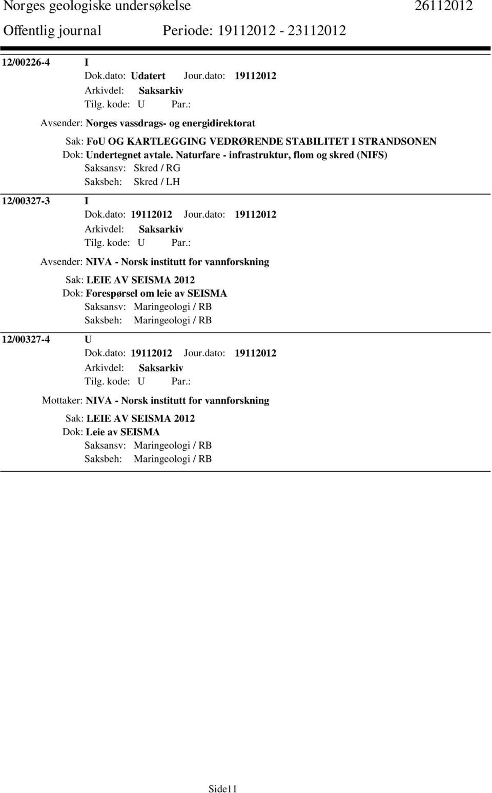 Naturfare - infrastruktur, flom og skred (NIFS) Saksansv: Skred / RG Saksbeh: Skred / LH 12/00327-3 I Dok.dato: 19112012 Jour.