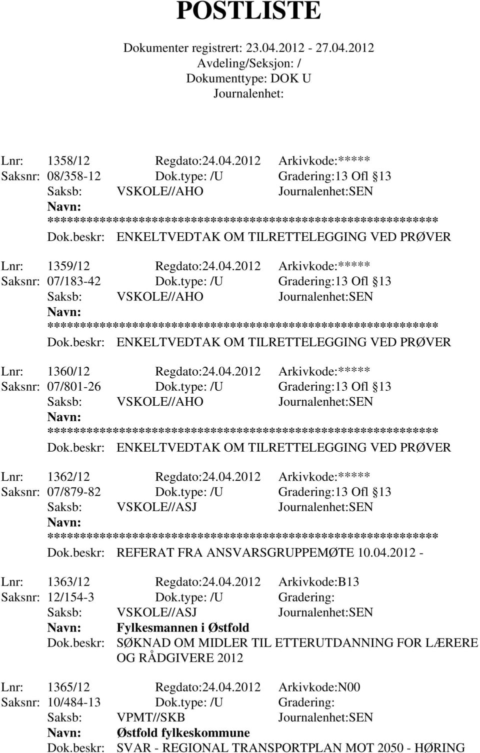 type: /U Gradering:13 Ofl 13 Saksb: VSKOLE//ASJ SEN Dok.beskr: REFERAT FRA ANSVARSGRUPPEMØTE 10.04.2012 - Lnr: 1363/12 Regdato:24.04.2012 Arkivkode:B13 Saksnr: 12/154-3 Dok.