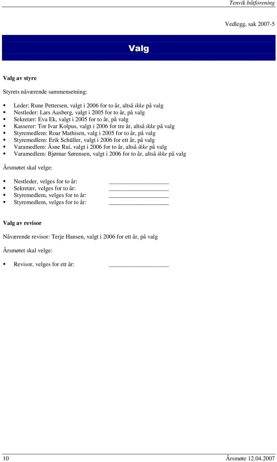 Schüller, valgt i 2006 for ett år, på valg Varamedlem: Åsne Rui, valgt i 2006 for to år, altså ikke på valg Varamedlem: Bjørnar Sørensen, valgt i 2006 for to år, altså ikke på valg Årsmøtet skal