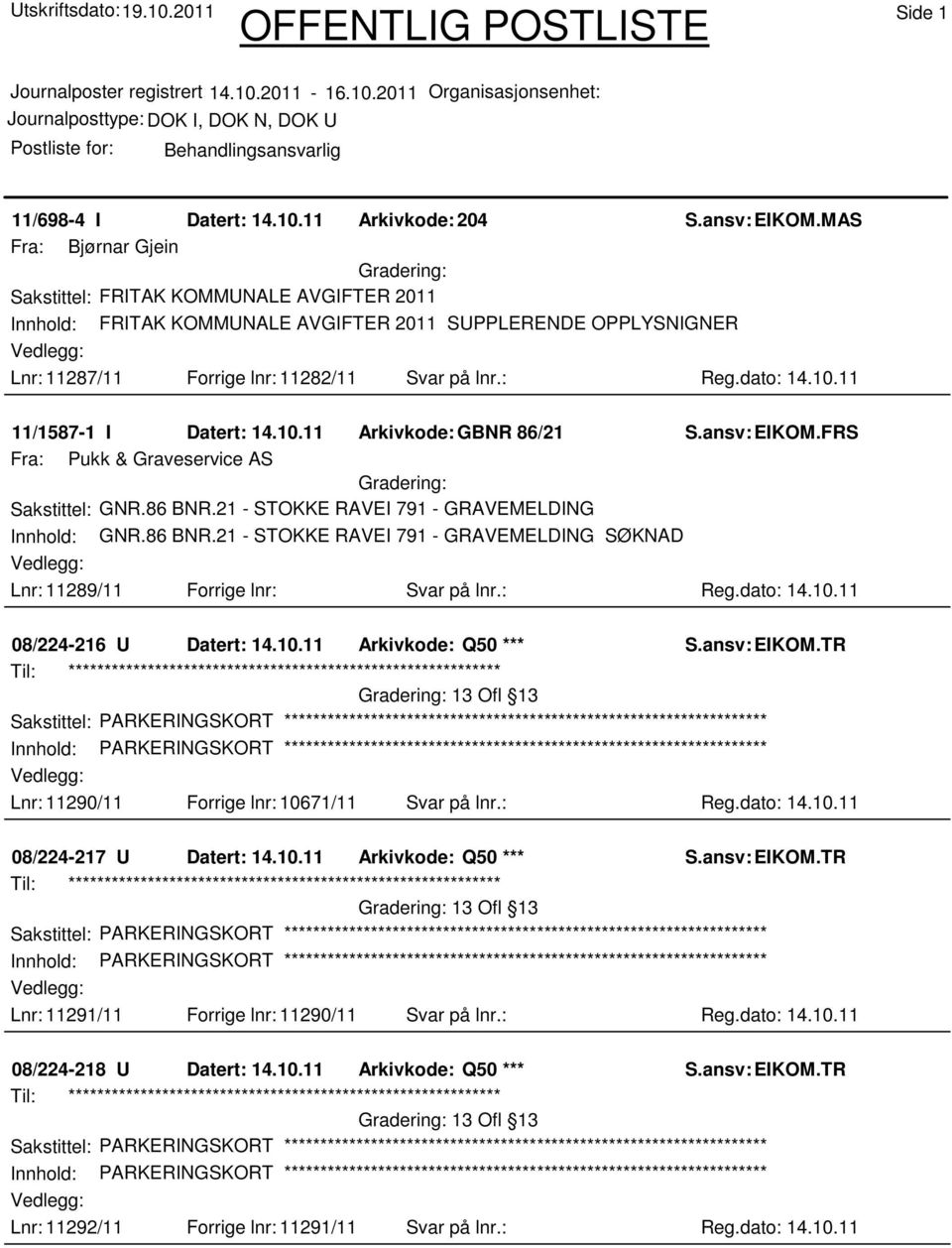 11 11/1587-1 I Datert: 14.10.11 Arkivkode:GBNR 86/21 Fra: Pukk & Graveservice AS Sakstittel: GNR.86 BNR.21 - STOKKE RAVEI 791 - GRAVEMELDING Innhold: GNR.86 BNR.21 - STOKKE RAVEI 791 - GRAVEMELDING SØKNAD Lnr: 11289/11 Forrige lnr: Svar på lnr.