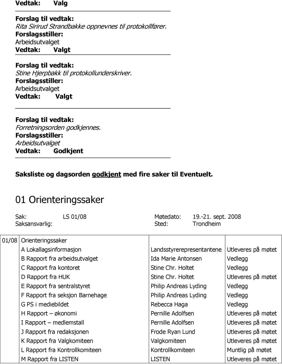 2008 Saksansvarlig: Sted: Trondheim 01/08 Orienteringssaker A Lokallagsinformasjon B Rapport fra arbeidsutvalget C Rapport fra kontoret D Rapport fra HUK E Rapport fra sentralstyret F Rapport fra