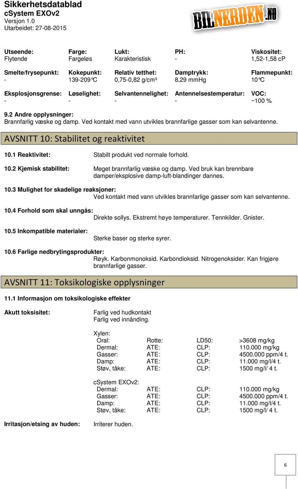 Ved kontakt med vann utvikles brannfarlige gasser som kan selvantenne. AVSNITT 10: Stabilitet og reaktivitet 10.1 Reaktivitet: Stabilt produkt ved normale forhold. 10.2 Kjemisk stabilitet: Meget brannfarlig væske og damp.