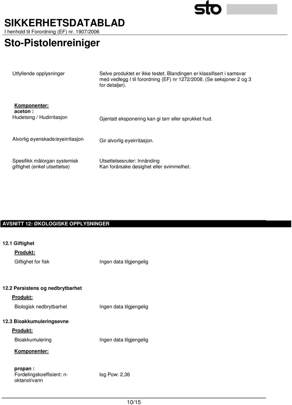 Spesifikk målorgan systemisk giftighet (enkel utsettelse) Utsettelsesruter: Innånding Kan forårsake døsighet eller svimmelhet. AVSNITT 12: ØKOLOGISKE OPPLYSNINGER 12.