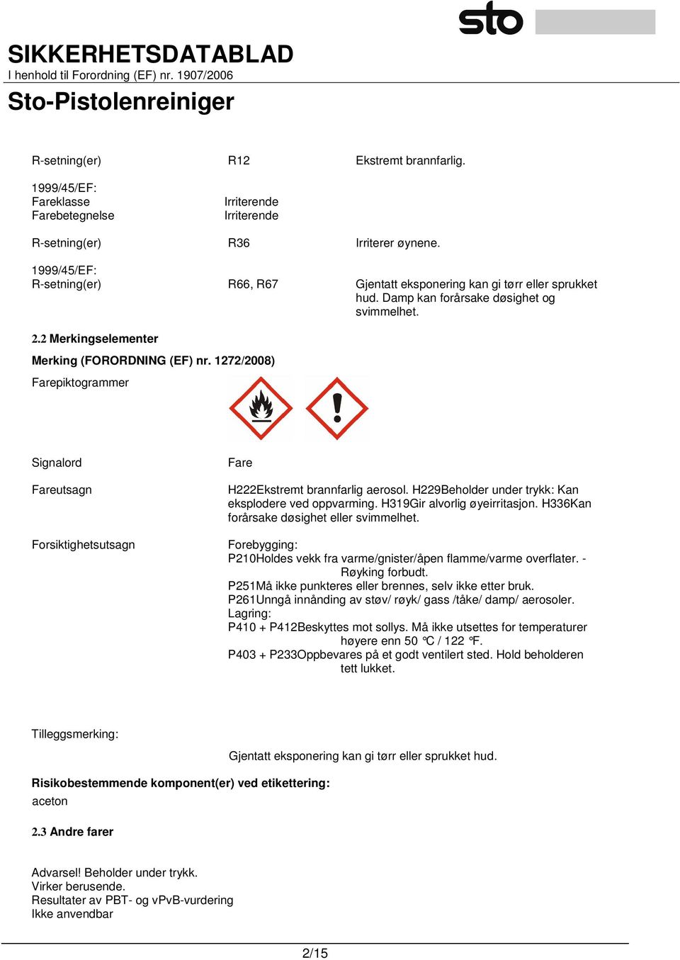 1272/2008) Farepiktogrammer Signalord Fareutsagn Forsiktighetsutsagn Fare H222Ekstremt brannfarlig aerosol. H229Beholder under trykk: Kan eksplodere ved oppvarming. H319Gir alvorlig øyeirritasjon.