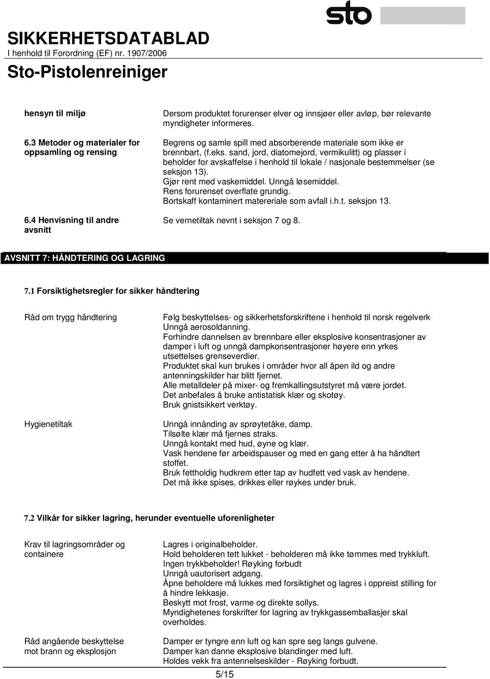 sand, jord, diatomejord, vermikulitt) og plasser i beholder for avskaffelse i henhold til lokale / nasjonale bestemmelser (se seksjon 13). Gjør rent med vaskemiddel. Unngå løsemiddel.