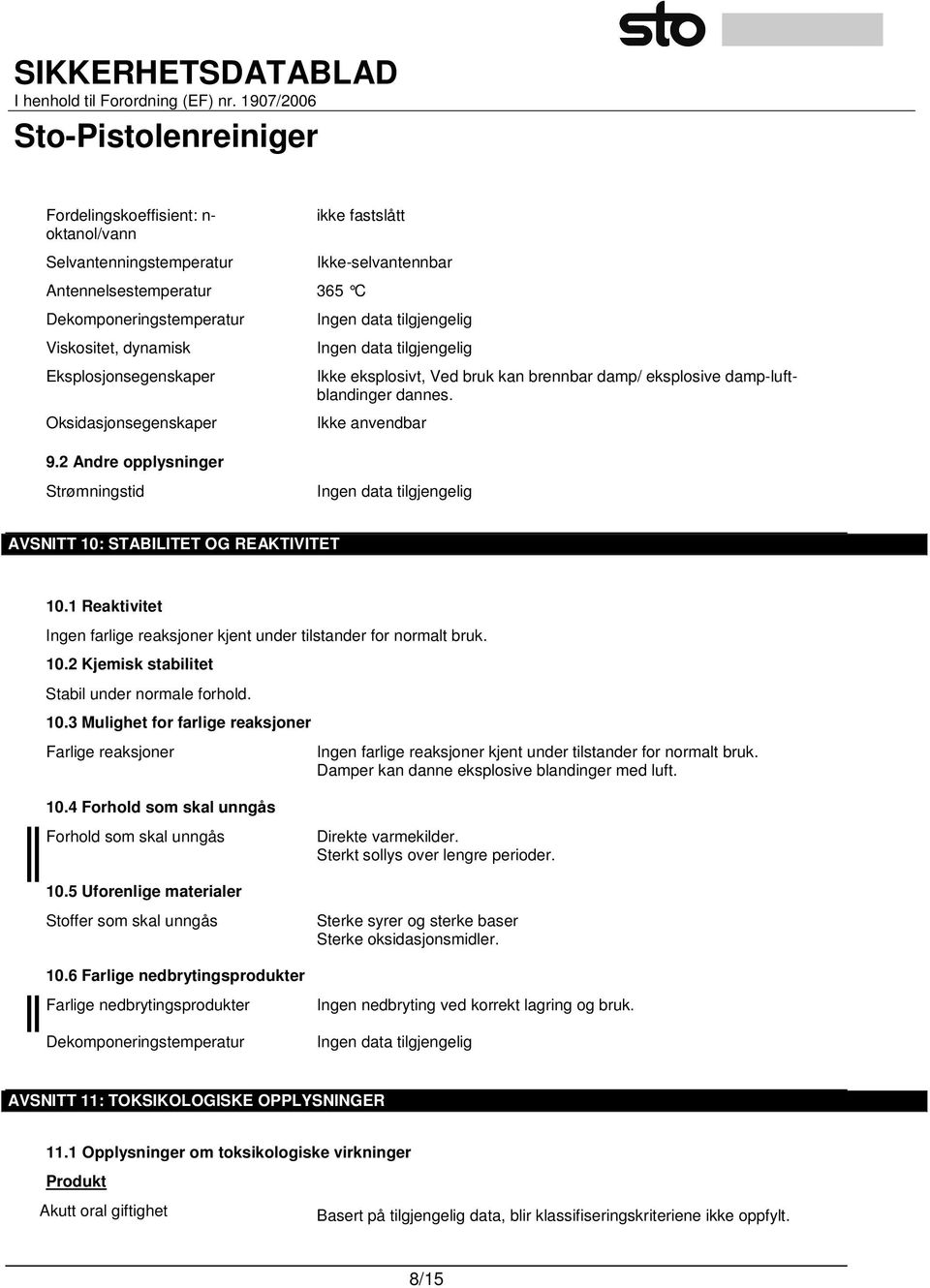 1 Reaktivitet Ingen farlige reaksjoner kjent under tilstander for normalt bruk. 10.