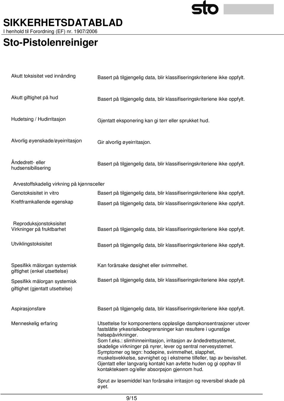 Utviklingstoksisitet Spesifikk målorgan systemisk giftighet (enkel utsettelse) Spesifikk målorgan systemisk giftighet (gjentatt utsettelse) Kan forårsake døsighet eller svimmelhet.