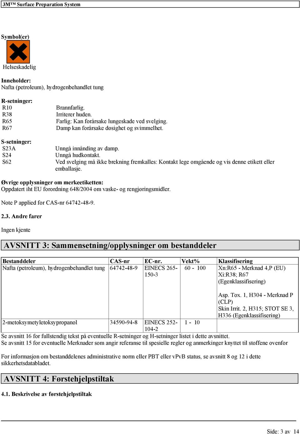 Øvrige opplysninger om merkeetiketten: Oppdatert iht EU forordning 648/2004 om vaske- og rengjøringsmidler. Note P applied for CAS-nr 64742-48-9. 2.3.