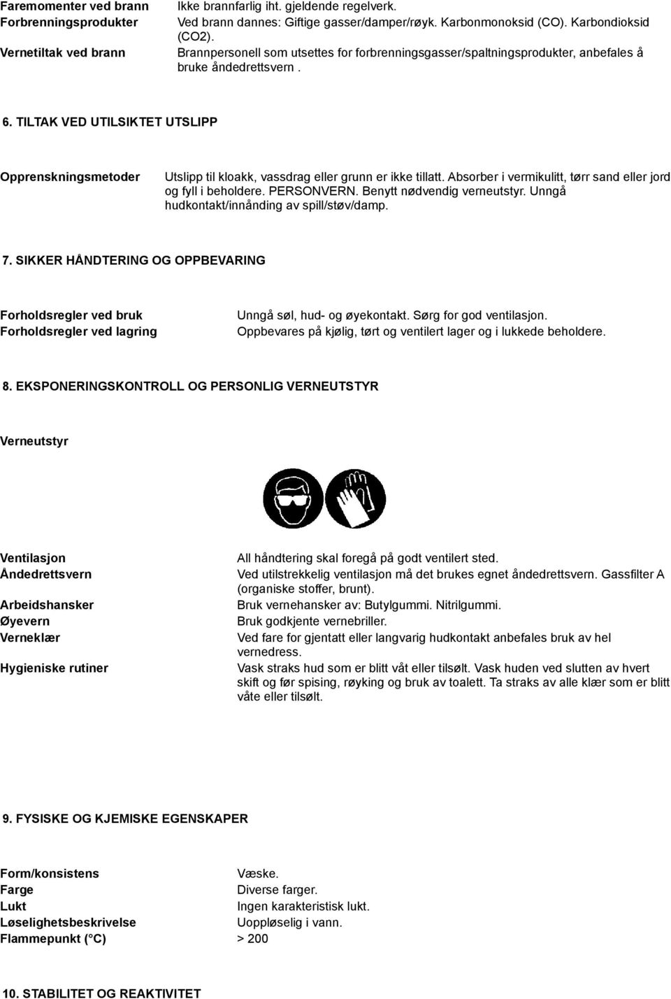 TILTAK VED UTILSIKTET UTSLIPP Opprenskningsmetoder Utslipp til kloakk, vassdrag eller grunn er ikke tillatt. Absorber i vermikulitt, tørr sand eller jord og fyll i beholdere. PERSONVERN.