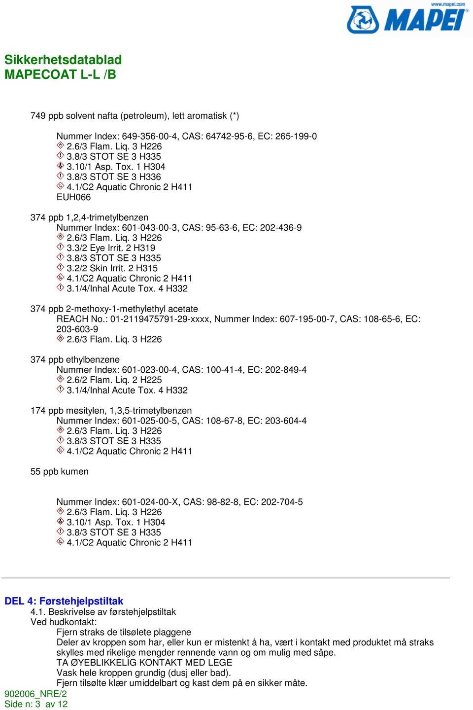 8/3 STOT SE 3 H335 3.2/2 Skin Irrit. 2 H315 4.1/C2 Aquatic Chronic 2 H411 3.1/4/Inhal Acute Tox. 4 H332 374 ppb 2-methoxy-1-methylethyl acetate REACH No.