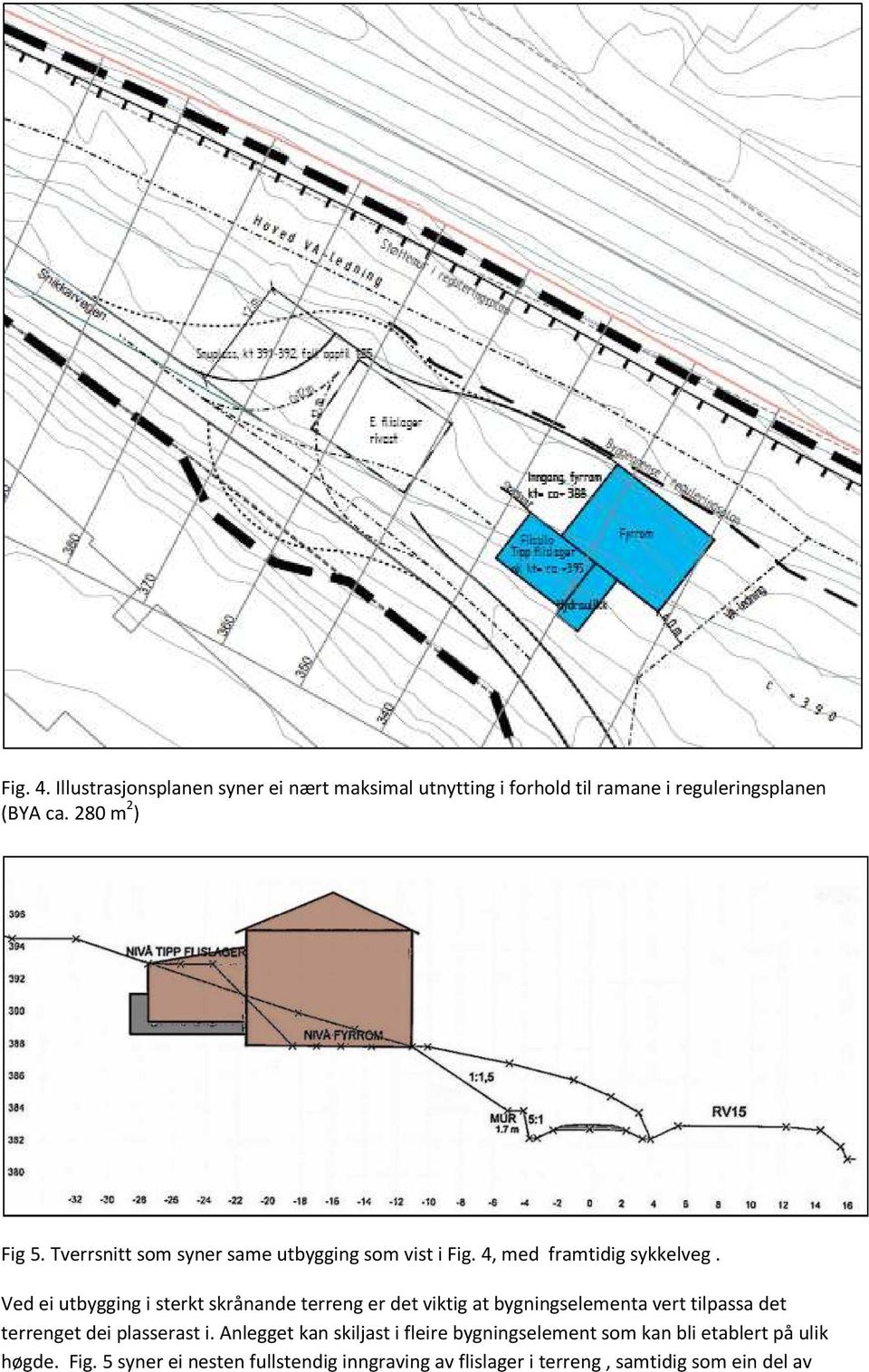 Ved ei utbygging i sterkt skrånande terreng er det viktig at bygningselementa vert tilpassa det terrenget dei plasserast i.