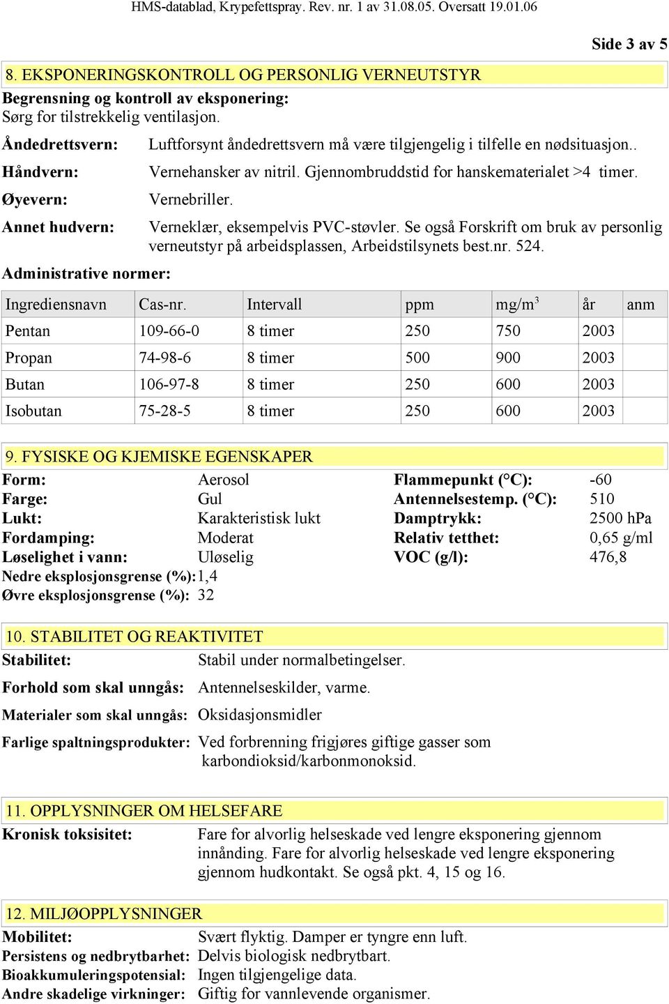 Gjennombruddstid for hanskematerialet >4 timer. Vernebriller. Verneklær, eksempelvis PVC-støvler. Se også Forskrift om bruk av personlig verneutstyr på arbeidsplassen, Arbeidstilsynets best.nr. 524.