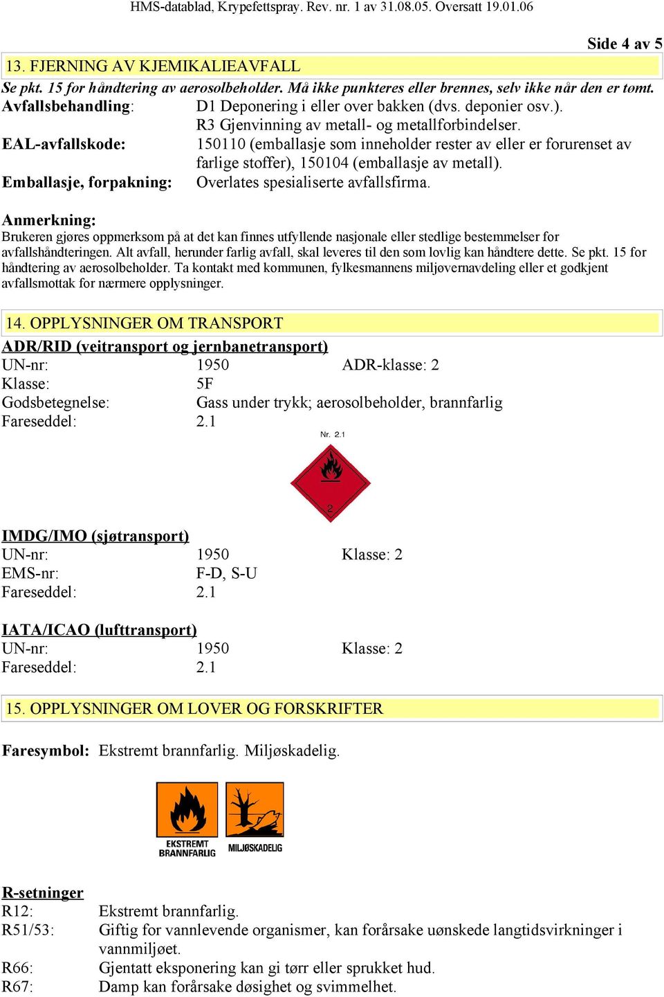 EAL-avfallskode: 150110 (emballasje som inneholder rester av eller er forurenset av farlige stoffer), 150104 (emballasje av metall). Emballasje, forpakning: Overlates spesialiserte avfallsfirma.