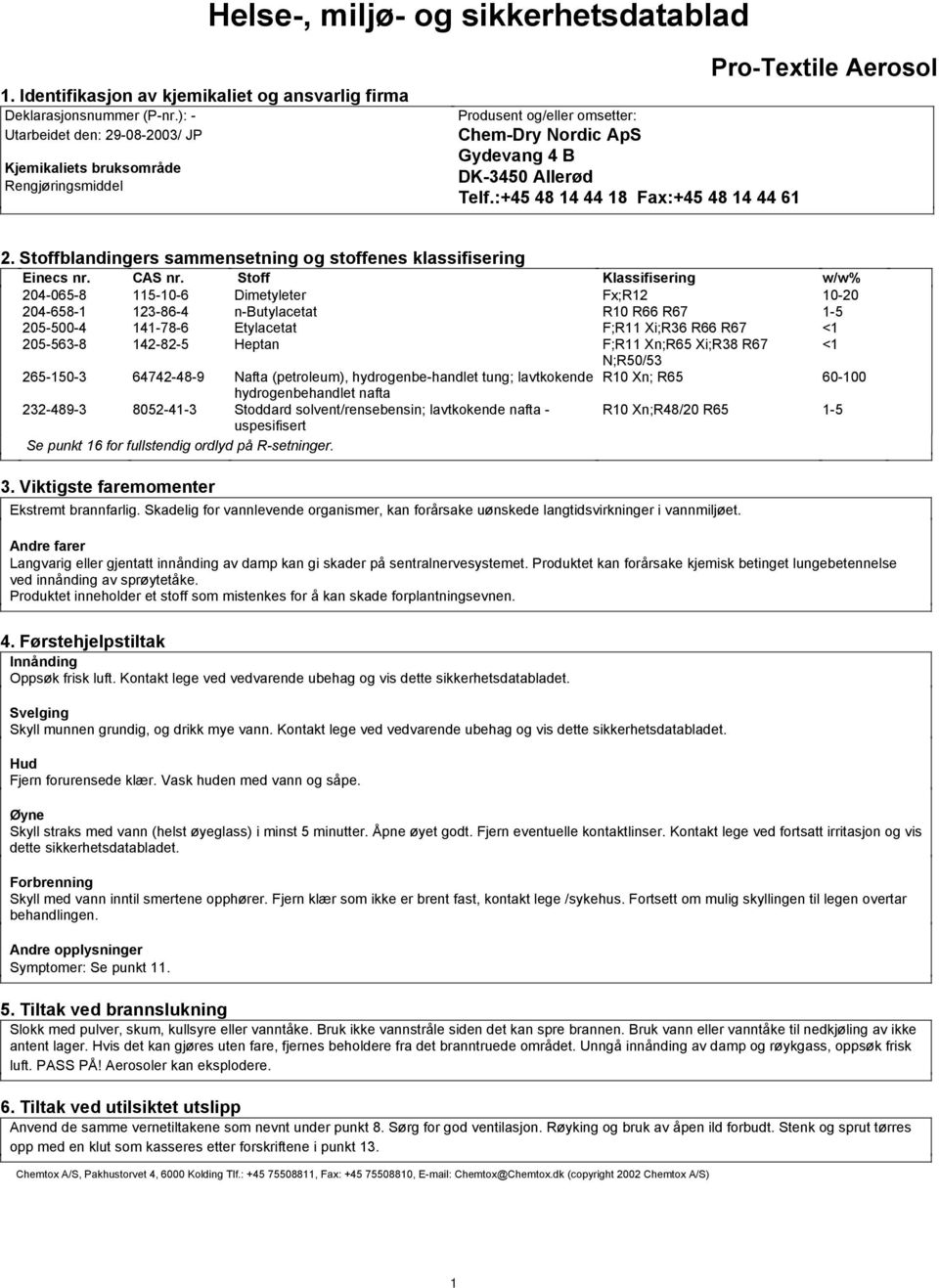 :+45 48 14 44 18 Fax:+45 48 14 44 61 ProTextile Aerosol 2. Stoffblandingers sammensetning og stoffenes klassifisering Einecs nr. CAS nr.