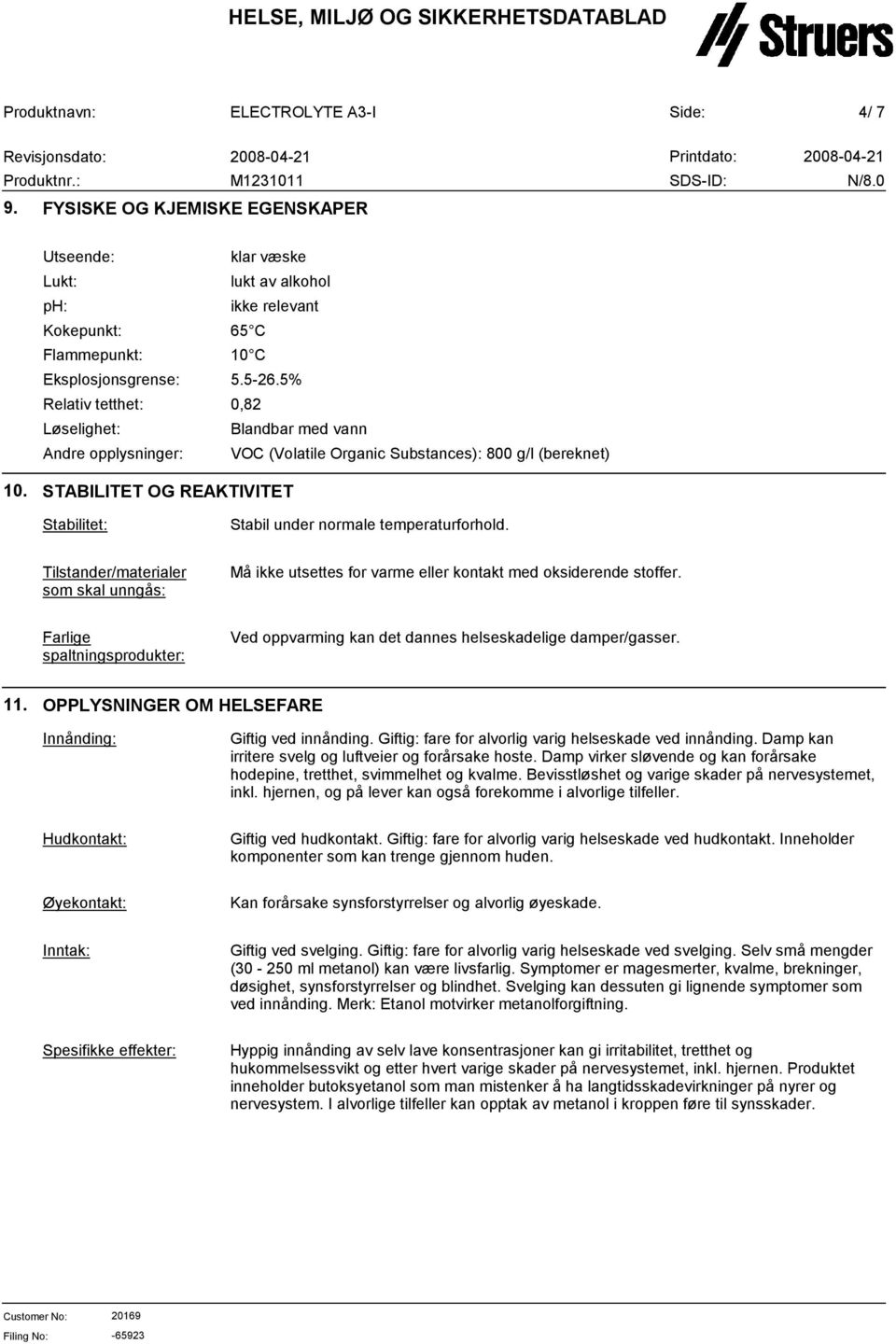 5-26.5% 0,82 Blandbar med vann VOC (Volatile Organic Substances): 800 g/l (bereknet) 10. STABILITET OG REAKTIVITET Stabilitet: Stabil under normale temperaturforhold.