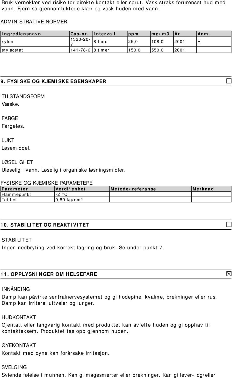LUKT Løsemiddel. LØSELIGHET Uløselig i vann. Løselig i organiske løsningsmidler. FYSISKE OG KJEMISKE PARAMETERE Parameter Verdi/enhet Metode/referanse Merknad Flammepunkt -2 C Tetthet 0,89 kg/dm³ 10.