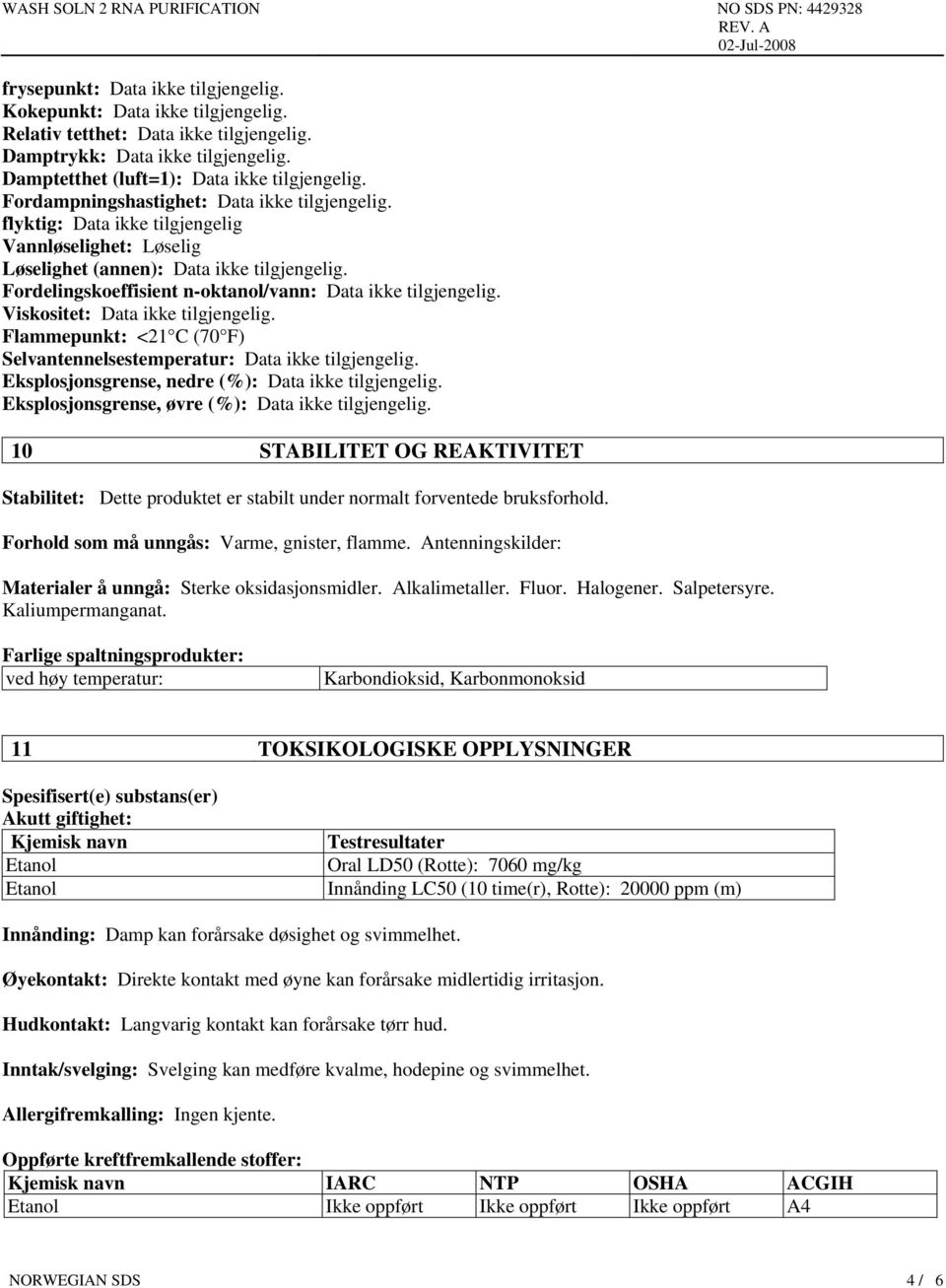 Fordelingskoeffisient n-oktanol/vann: Data ikke tilgjengelig. Viskositet: Data ikke tilgjengelig. Flammepunkt: <21 C (70 F) Selvantennelsestemperatur: Data ikke tilgjengelig.