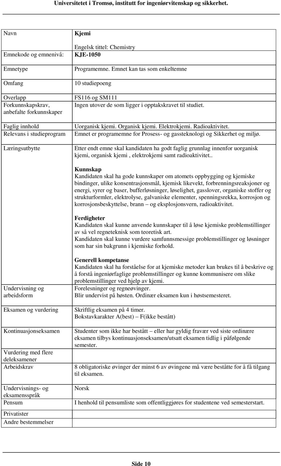 Emnet er programemne for Prosess- og gassteknologi og Sikkerhet og miljø.