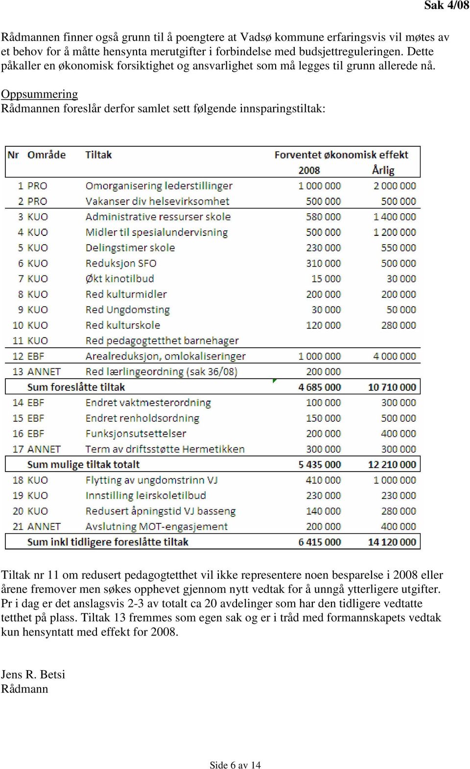 Oppsummering Rådmannen foreslår derfor samlet sett følgende innsparingstiltak: Tiltak nr 11 om redusert pedagogtetthet vil ikke representere noen besparelse i 2008 eller årene fremover men søkes