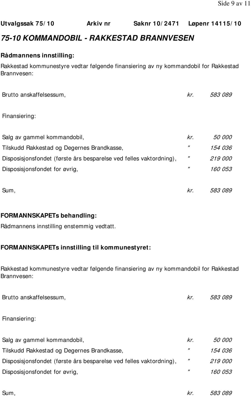 50 000 Tilskudd Rakkestad og Degernes Brandkasse, " 154 036 Disposisjonsfondet (første års besparelse ved felles vaktordning), " 219 000 Disposisjonsfondet for øvrig, " 160 053 Sum, kr.