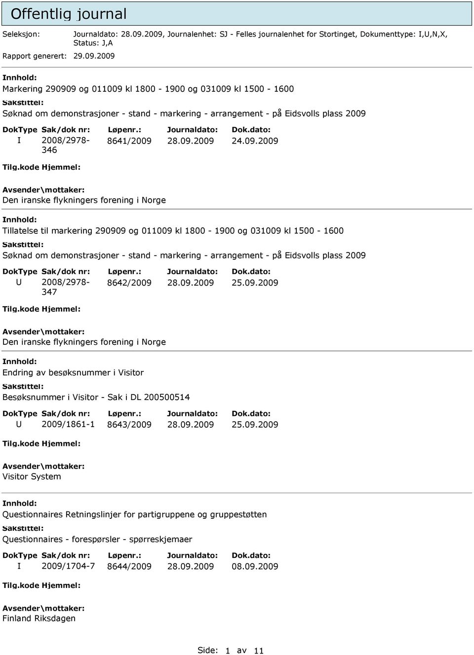 : 8641/2009 Den iranske flykningers forening i orge Tillatelse til markering 290909 og 011009 kl 1800-1900 og 031009 kl 1500-1600 Søknad om demonstrasjoner - stand - markering - arrangement - på