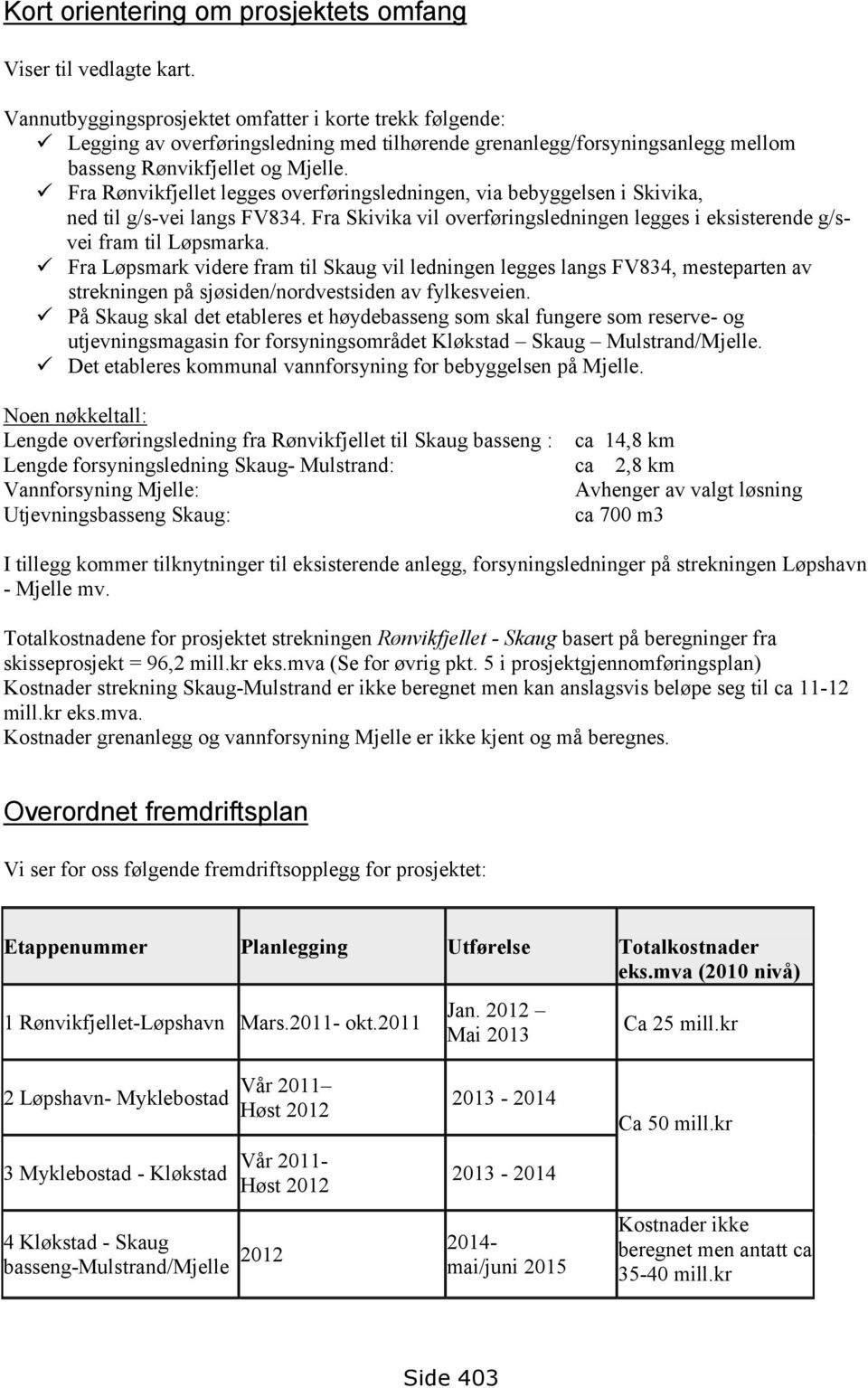 Fra Rønvikfjellet legges overføringsledningen, via bebyggelsen i Skivika, ned til g/s-vei langs FV834. Fra Skivika vil overføringsledningen legges i eksisterende g/svei fram til Løpsmarka.