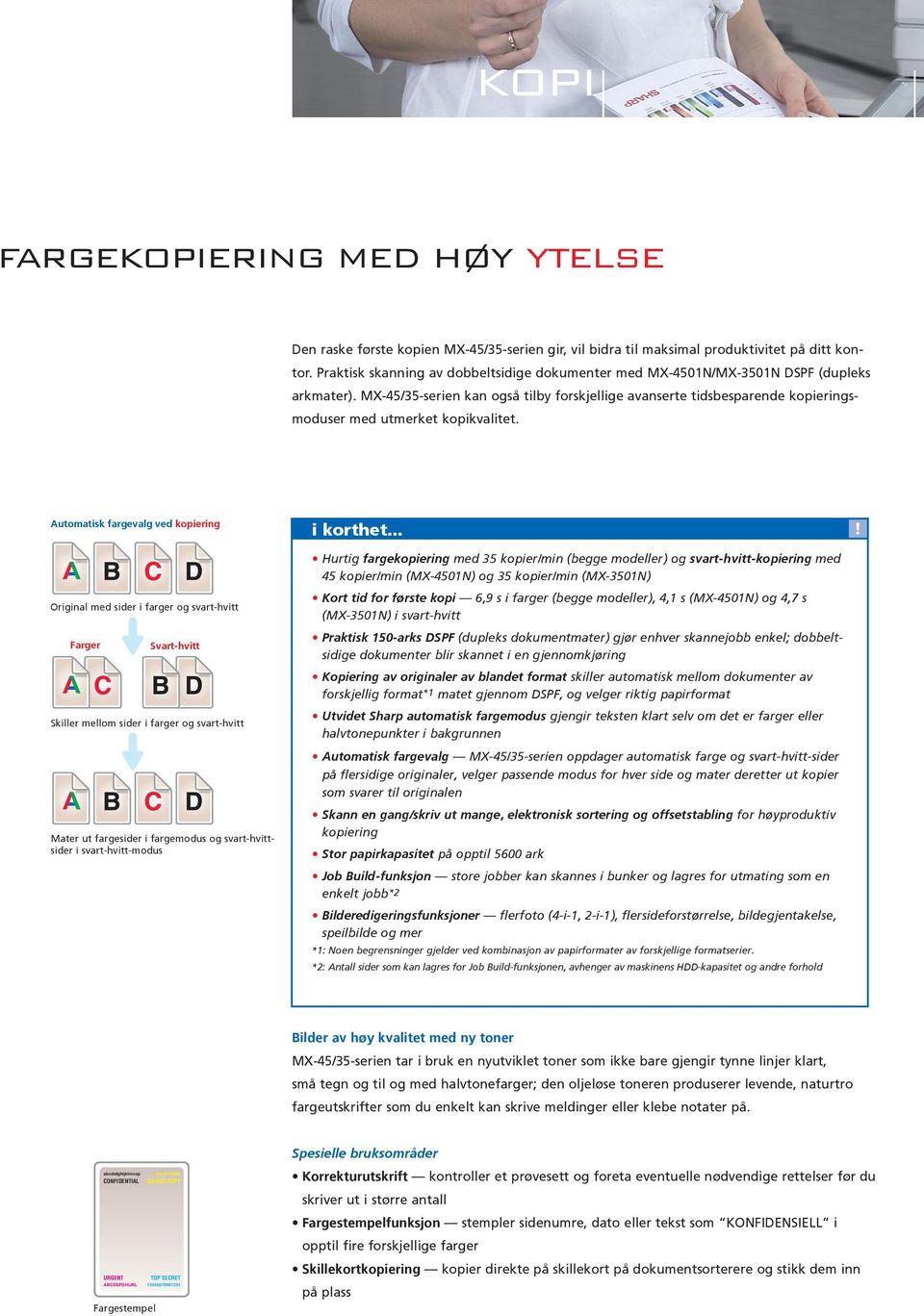 MX-45/35-serien kan også tilby forskjellige avanserte tidsbesparende kopieringsmoduser med utmerket kopikvalitet.