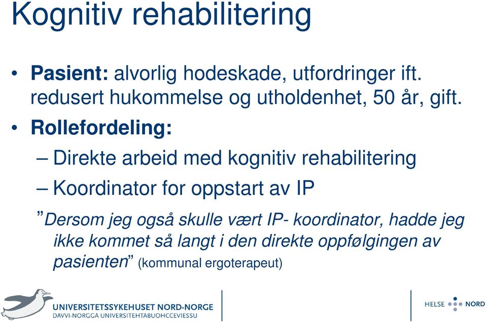 Rollefordeling: Direkte arbeid med kognitiv rehabilitering Koordinator for oppstart av