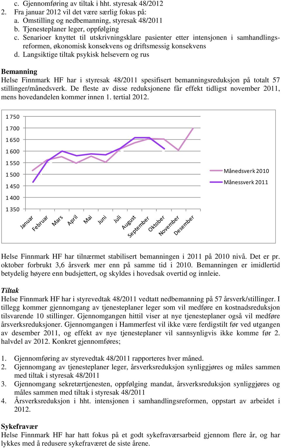 Langsiktige tiltak psykisk helsevern og rus Bemanning Helse Finnmark HF har i styresak 48/2011 spesifisert bemanningsreduksjon på totalt 57 stillinger/månedsverk.