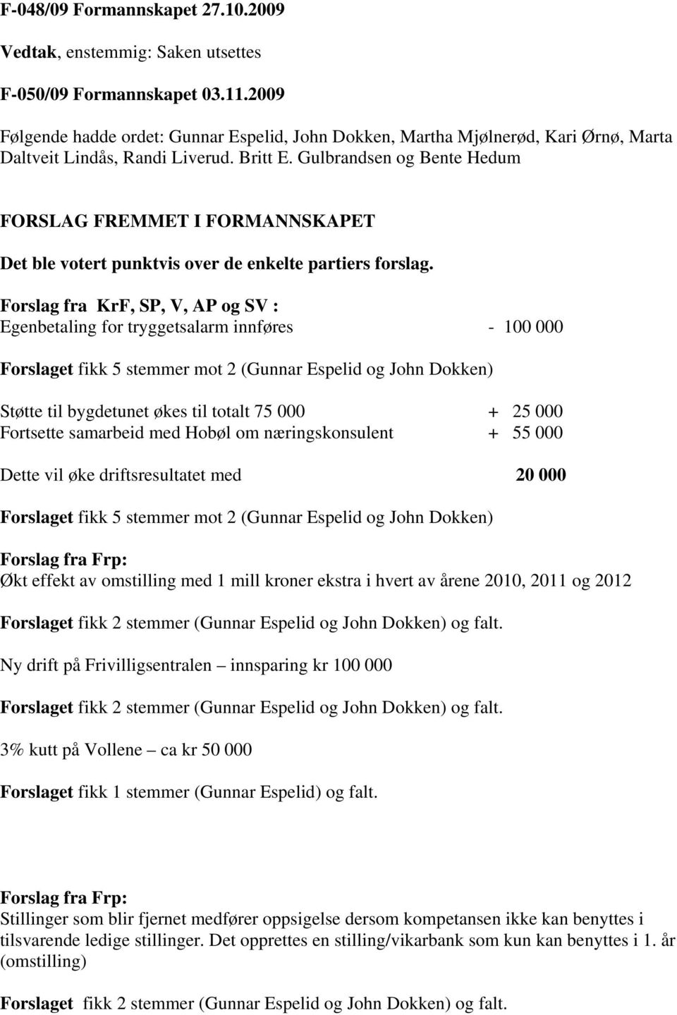 Gulbrandsen og Bente Hedum FORSLAG FREMMET I FORMANNSKAPET Det ble votert punktvis over de enkelte partiers forslag.